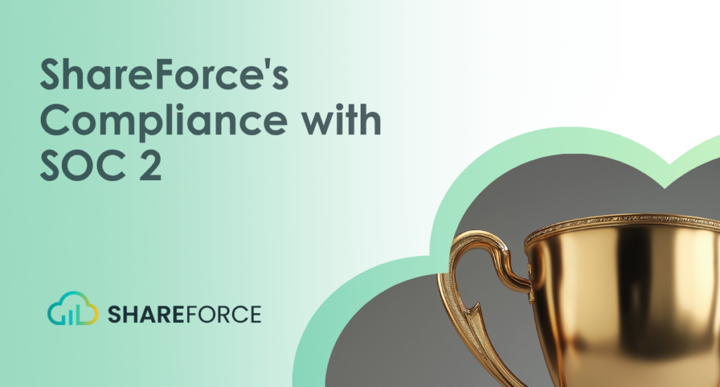 ShareForce's Compliance with SOC 2. ShareForce logo. Golden trophy, partially visible on the right.