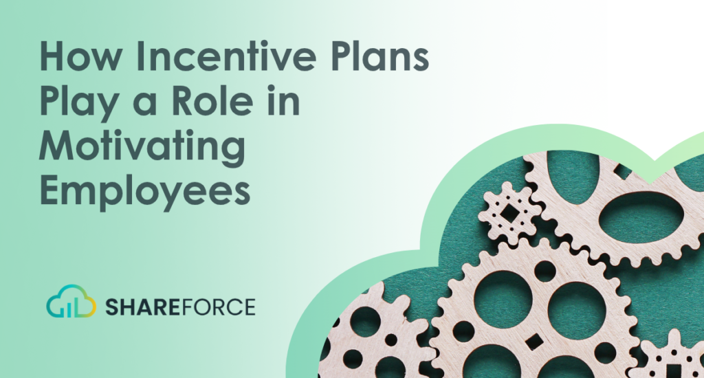 How Incentive Plans Play a Role in Motivating Employees. Wooden gears, green cloud, and Shareforce logo.