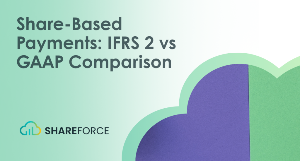 Share-Based Payments: IFRS 2 vs GAAP Comparison" text, Shareforce logo, green background with purple and green cloud shapes.