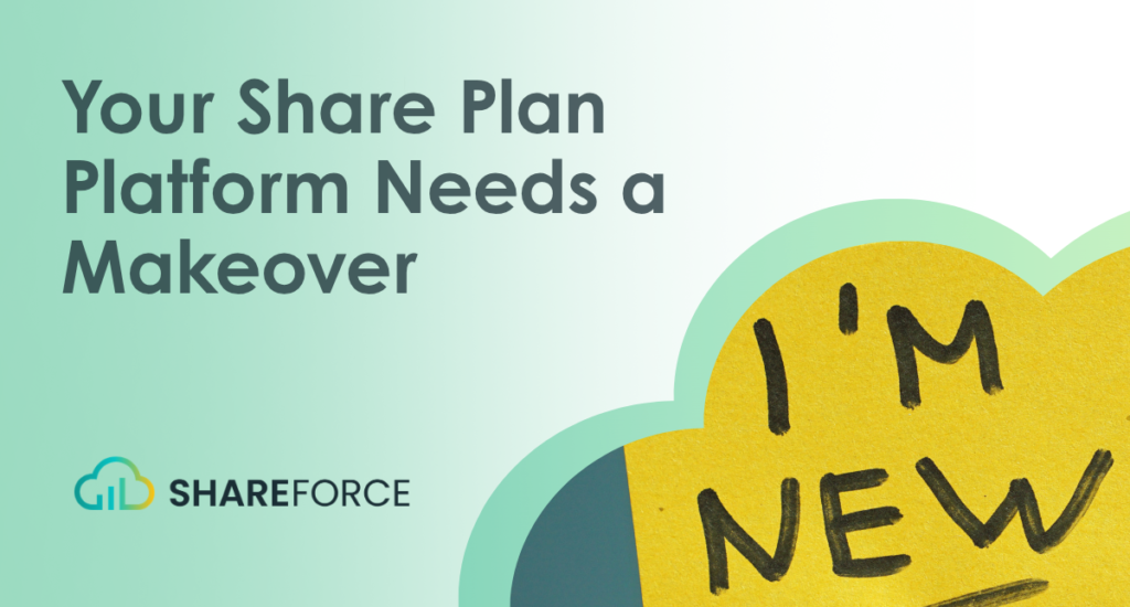 Text: "Your Share Plan Platform Needs a Makeover" on a green background, with a yellow cloud reading "I'M NEW" and SHAREFORCE logo.