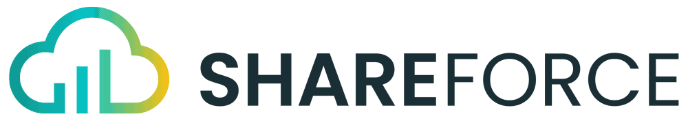 Gradient cloud logo with teal bar chart inside, next to "SHAREFORCE" text.