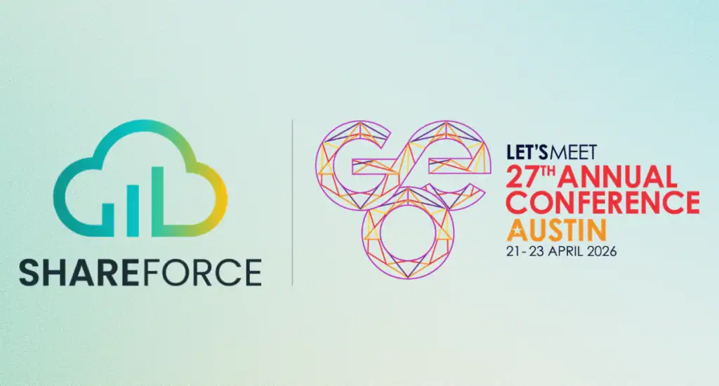 Shareforce cloud logo and "GEO" geometric logo with "Let's Meet 27th Annual Conference Austin 21-23 April 2026".