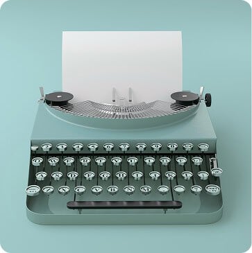 Mint green vintage typewriter with a blank sheet of paper loaded, viewed from the front.