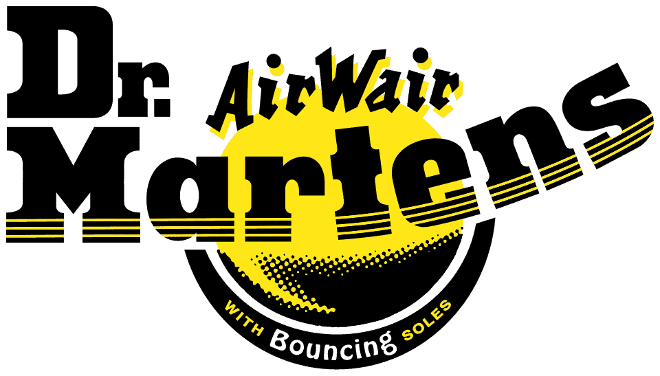 Dr. Martens brand logo. Black text "Dr. Martens" with yellow stripes, "AirWair" in yellow, and "WITH Bouncing SOLES" in a yellow circle.