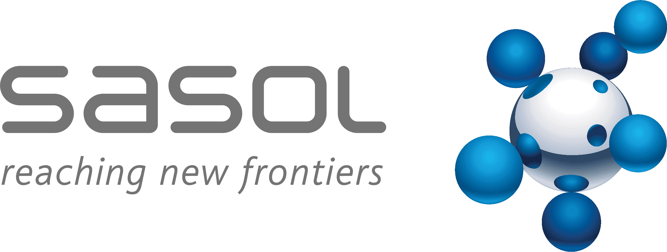 Sasol logo: Grey "SASOL" text above "reaching new frontiers". Right, a white sphere with blue indents surrounded by blue spheres.