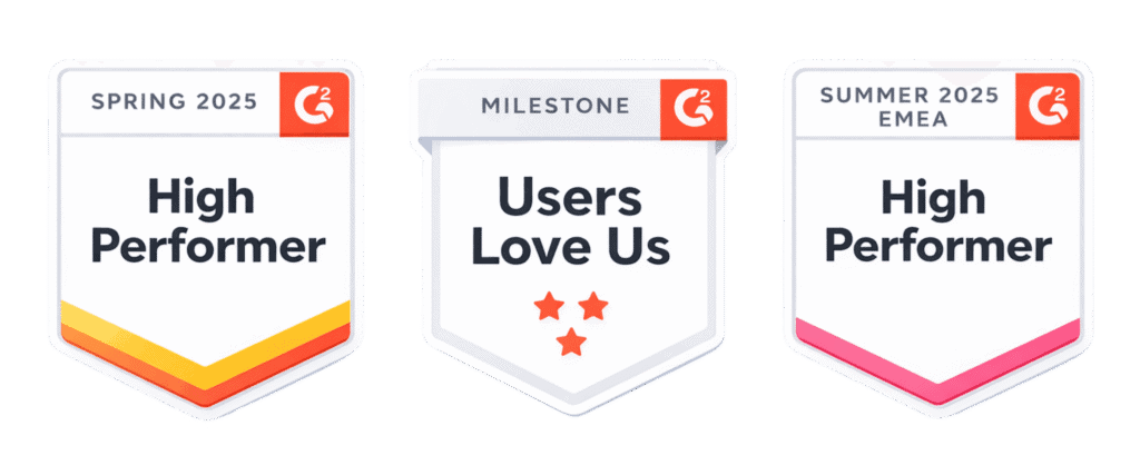 Three G2 badges: Spring 2025 High Performer, Milestone Users Love Us with 3 stars, and Summer 2025 EMEA High Performer.