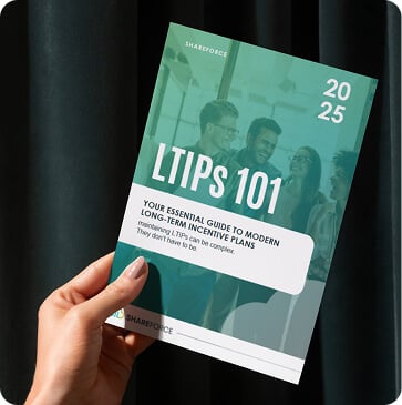 Hand holds a booklet titled "LTIPS 101: YOUR ESSENTIAL GUIDE TO MODERN LONG-TERM INCENTIVE PLANS" with "2025".