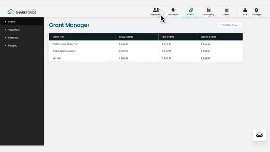 Shareforce Grant Manager interface displaying grant types in a table, with a mouse cursor hovering over the Employees tab.