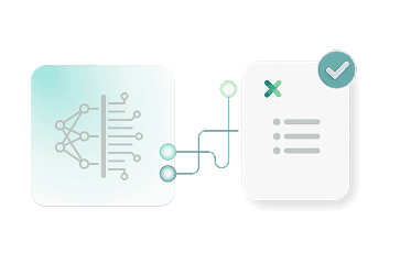 Neural network icon connected to a document icon with a checklist and a green checkmark.