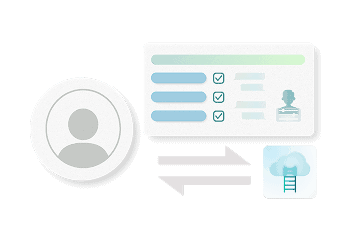 A person icon, a data card with profile fields, and a cloud icon with a ladder, connected by two-way arrows.