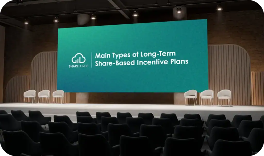 Conference stage with screen displaying "Main Types of Long-Term Share-Based Incentive Plans" and SHAREFORCE logo. Six white chairs on stage.