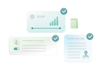 Three cards: ESOP with chart, Performance Conditions with toggle, and Stock Options, each with a checkmark, beside a stack of papers.