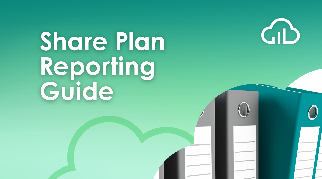 Text "Share Plan Reporting Guide" with a cloud logo and file binders on a green gradient background.